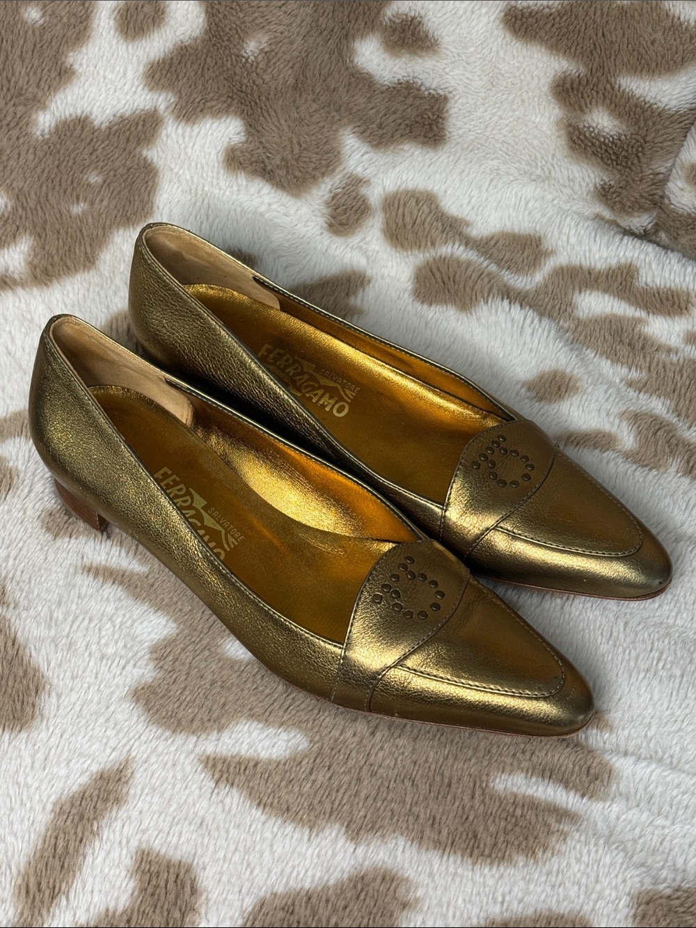 Salvatore Ferragamo Metallic Gold Leather Loafers